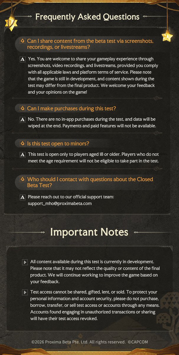 MHO_English's tweet photo. #MHOutlanders
3rd Closed Beta Test Recruitment Now Open!

Team up with your friends and Buddies for a hunt on Aesoland!

Apply here：https://t.co/SSV3GaSV4W

Test Overview
· Closed beta (no in-app purchases, all game data will be wiped after the test concludes)
· Platforms: Android / iOS
· Recruitment period: July 2 (Thu) at 12:00 – July 24 (Fri) at 06:59 (UTC+0)
· Eligible regions: Japan, United States, Canada, United Kingdom, France, Germany, Philippines
· Target servers: North America, Japan, Europe, Southeast Asia
· Test start date: August 7th (Fri) 02:00 (UTC+0)

System Requirements
iOS: iPhone XR or later / iOS 17 or later
Android: Snapdragon 845 or later / Android 12.0 or later

How to Participate
Apply through the recruitment questionnaire or official social media events.

Selection Notification
Selected players will be notified via email after the recruitment period ends.

Check the image for frequently asked questions!
We look forward to receiving your applications! 🔥

#MHO #MHOutlanders #MonsterHunterOutlanders