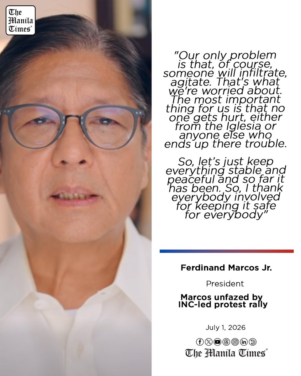 TheManilaTimes's tweet photo. MANILA, Philippines — President Ferdinand Marcos Jr. on Wednesday said he had no objection to the protest rally organized by the Iglesia Ni Cristo (INC), noting that the religious group’s demonstrations have historically remained peaceful.

READ: https://t.co/HYNUrDm8E2 https://t.co/Db4PsfdjHD