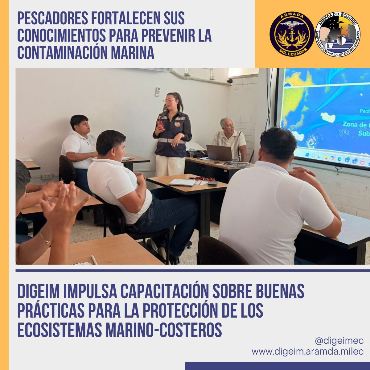 digeimec's tweet photo. #Manabí| La #DIGEIM desarrolló charla educativa sobre contaminación marina a pescadores del Curso OMI y del Curso Marinero Pescador de la @esmenaec. Donde se fortaleció sus conocimientos sobre las principales fuentes e impactos de la contaminación en los océanos https://t.co/CtvwfnuvWR