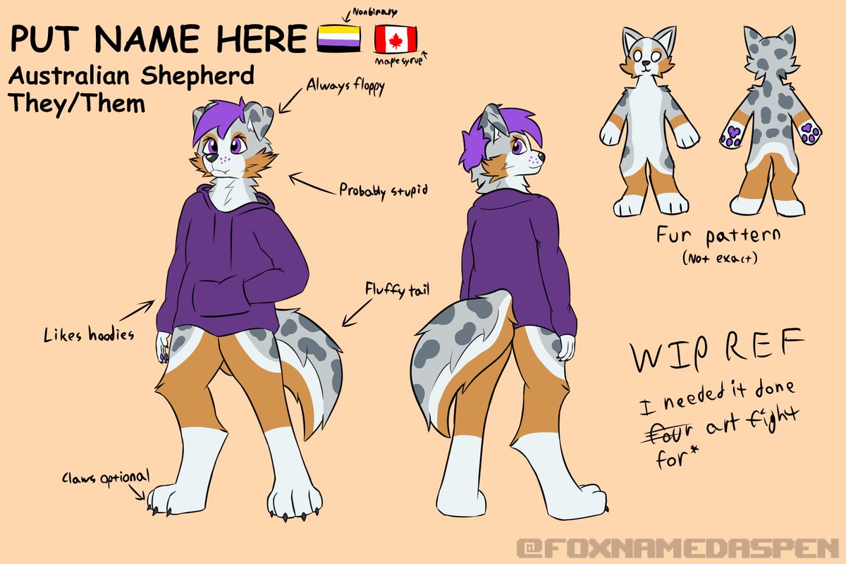 FoxNamedAspen's tweet photo. aussie shep sona that i need a name for also this ref sheet is cooked 😭 https://t.co/2hk4qqxQKO