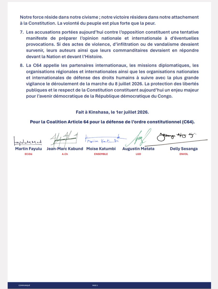 StanysBujakera's tweet photo. #RDC: La Coalition Article 64 (C64), regroupant Martin Fayulu, Jean-Marc Kabund, Moïse Katumbi, Augustin Matata et Delly Sesanga, a vivement condamné, dans un communiqué daté du 1er juillet, les accusations de l'UDPS selon lesquelles l'opposition préparerait des violences urbaines et des attaques contre des représentations diplomatiques lors de la marche du 8 juillet. 

La coalition y dénonce une « stratégie » visant à justifier une répression, pointant la répression de la manifestation du 12 juin et le retrait du passeport de Delly Sesanga, empêché de voyager pour des soins.

Réaffirmant le caractère pacifique de la marche, opposée à un référendum ou un troisième mandat jugés anticonstitutionnels, la C64 appelle la communauté internationale à suivre « avec la plus grande vigilance » le déroulement de la mobilisation.