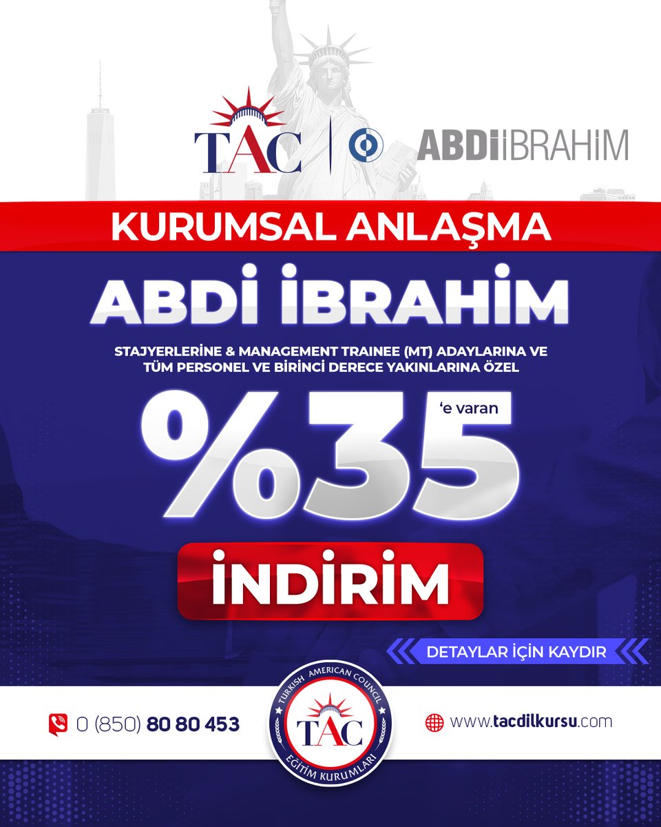 tacdilofficial's tweet photo. Abdi İbrahim  ile yapılan kurumsal anlaşmamız kapsamında; bütün personel ve birinci derece yakınlarına, liste fiyatlarımız üzerinden indirim uygulanacaktır.

Anlaşma detayları için hemen iletişime geçin!

📞 0 850 80 80 453
🌐  https://t.co/GQUbLIzzCo

#TACDil  #Abdiibrahim https://t.co/x4L3Ob5Rkf