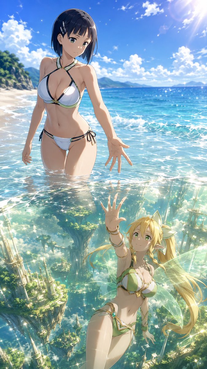 disya226's tweet photo. 【Summer Mirror — 直葉 & リーファ】

水面に映ったのは、
もう一人の私が生きる世界――🌊✨

現実とALO。
離れているようで、心はきっと同じ場所にある。

直葉＆リーファ
「手を伸ばせば、届く気がする……もう一人の私へ」

#SAO
#ソードアートオンライン
#桐ヶ谷直葉
#リーファ
#SuguhaKirigaya
#Leafa
#AIイラスト
#AIart
#非公式イラスト
