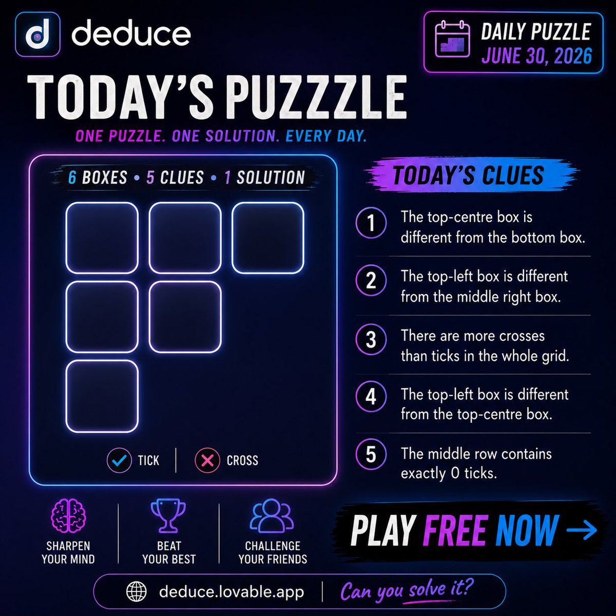 PlayDeduce's tweet photo. 🧠 Today’s Deduce challenge is live!

6 boxes. 5 clues. 1 solution.

No guessing. No second chances. Just pure logic.

Can you beat your best time… or your friends? 👀🏆

Play free:
https://t.co/zWyGh9t0wu

#Deduce #LogicPuzzle https://t.co/RLjGCo28Py