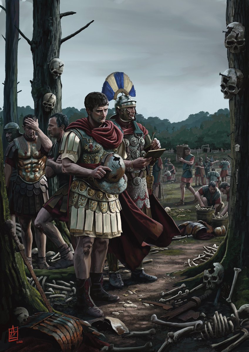 boosta11b's tweet photo. My artwork accompanying a wonderful article from Robert C.L. Holmes in @ancientwarfare issue 107 entitled "Lessons from the Clades Variana: The Harshest Teacher". 

During the AD 15 retaliatory campaign in Germania, the Roman army found the site of Varus' last stand. While his soldiers collect the remains, Germanicus contemplates the events of AD 9.