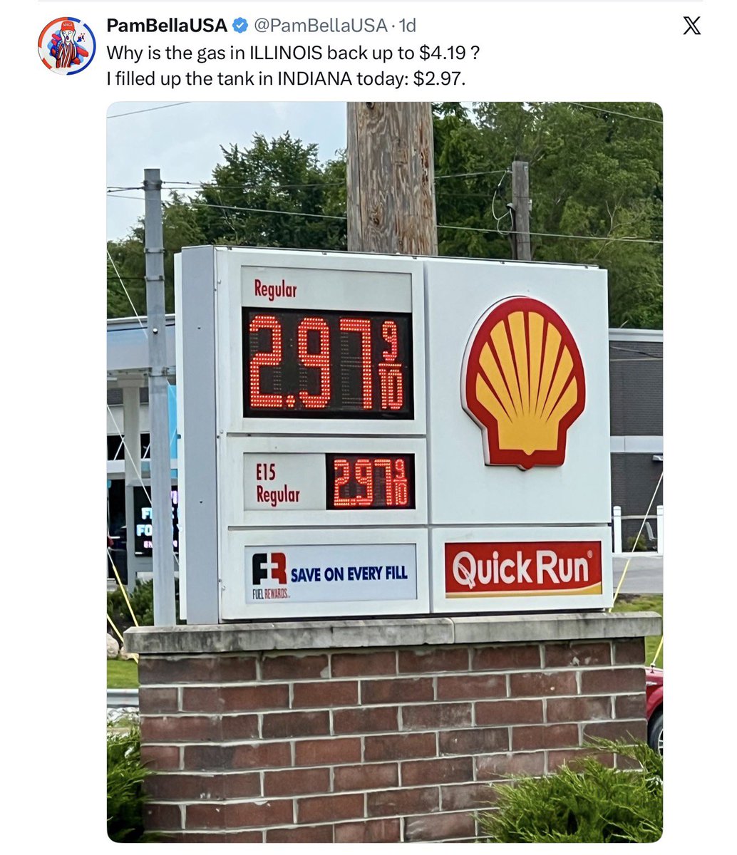 MissinRoyko's tweet photo. Why is gas over $1.00 per gallon more in Illinois than Indiana a neighboring state? 

Here’s a simple Red vs Blue explanation https://t.co/IL37Hx1hSr
