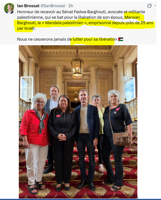 CWeillRaynal's tweet photo. A coup de langue de bois et de mensonge par omission (dans la pure tradition stalinienne), l'adjoint au maire de Paris, @IanBrossat, se livre à une claire apologie du terrorisme. 
Non, Marwan Barghouti n'est pas le "Mandela palestinien" .
Il purge une peine de réclusion criminelle à perpétuité pour son rôle direct dans l'assassinat de cinq civils israéliens, dont un policier druze et un moine orthodoxe.
Responsable des Brigades des Martyrs D'al Aqsa, Marwan Barghouti a organisé des dizaines d'attentats terroristes dont la tuerie du restaurant Seafood Market de Tel-Aviv en 2002.
Ce nouveau soutien au terrorisme palestinien s'inscrit dans une (déjà) longue liste d'actions symboliques très hostiles à la communauté juive effectuées par la Mairie de Paris depuis le début du mandat de @egregoire