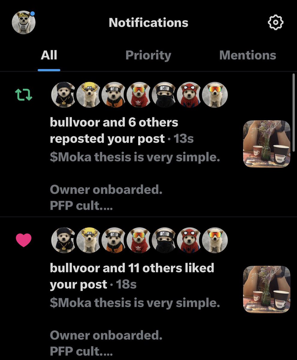 Zghire_'s tweet photo. When you see this know you’re early positioned in something bigger than wif or billy or michi or jotchua or yepcat or traindog…

Doesn’t really matter, $Moka is his own character but the fact that we have this many PFPs and people that care at this level means only one thing. https://t.co/IikFIv467X