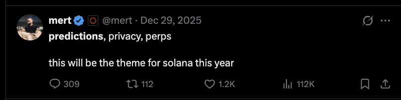 mert's tweet photo. truly onchain prediction markets are finally on solana

this will lead to more onchain revenue, more markets, and more users, without KYC

combined with upcoming perps, tokenized stocks, and apps like JTX, Solana is on the path to dominate here https://t.co/nHUeSQ9bgC