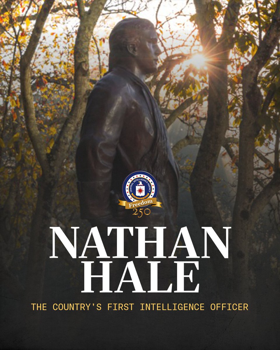 DCIARatcliffe's tweet photo. Before making the ultimate sacrifice, Nathan Hale purportedly said "I only regret that I have but one life to give to my country." Each day at CIA, we carry forth this commitment to sacrifice for all Americans and our shared destiny. https://t.co/gT2pRsqstd