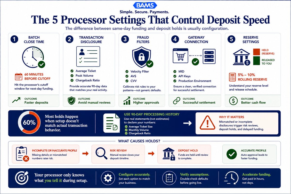 BankAssociates's tweet photo. Most deposit holds don't start after your first sale.

They start during onboarding.

Learn how batch timing, fraud settings, and transaction profile configuration can help prevent funding delays.

https://t.co/Fww08WGwcw

#PaymentProcessing #CashFlow https://t.co/2S35OW6pJA