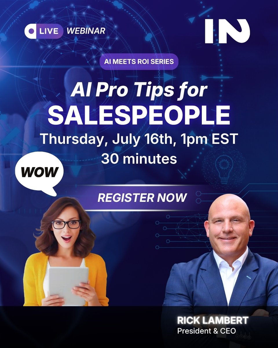 in2comm's tweet photo. WEBINAR ANNOUNCEMENT: AI Pro Tips for Salespeople

Join sales coach Rick Lambert for a practical 30-minute coaching session on how B2B sales professionals are using AI to prospect smarter, personalize outreach, and close more business.
Save your spot here: https://t.co/9URrTOngB1 https://t.co/rvzUqAHM0i