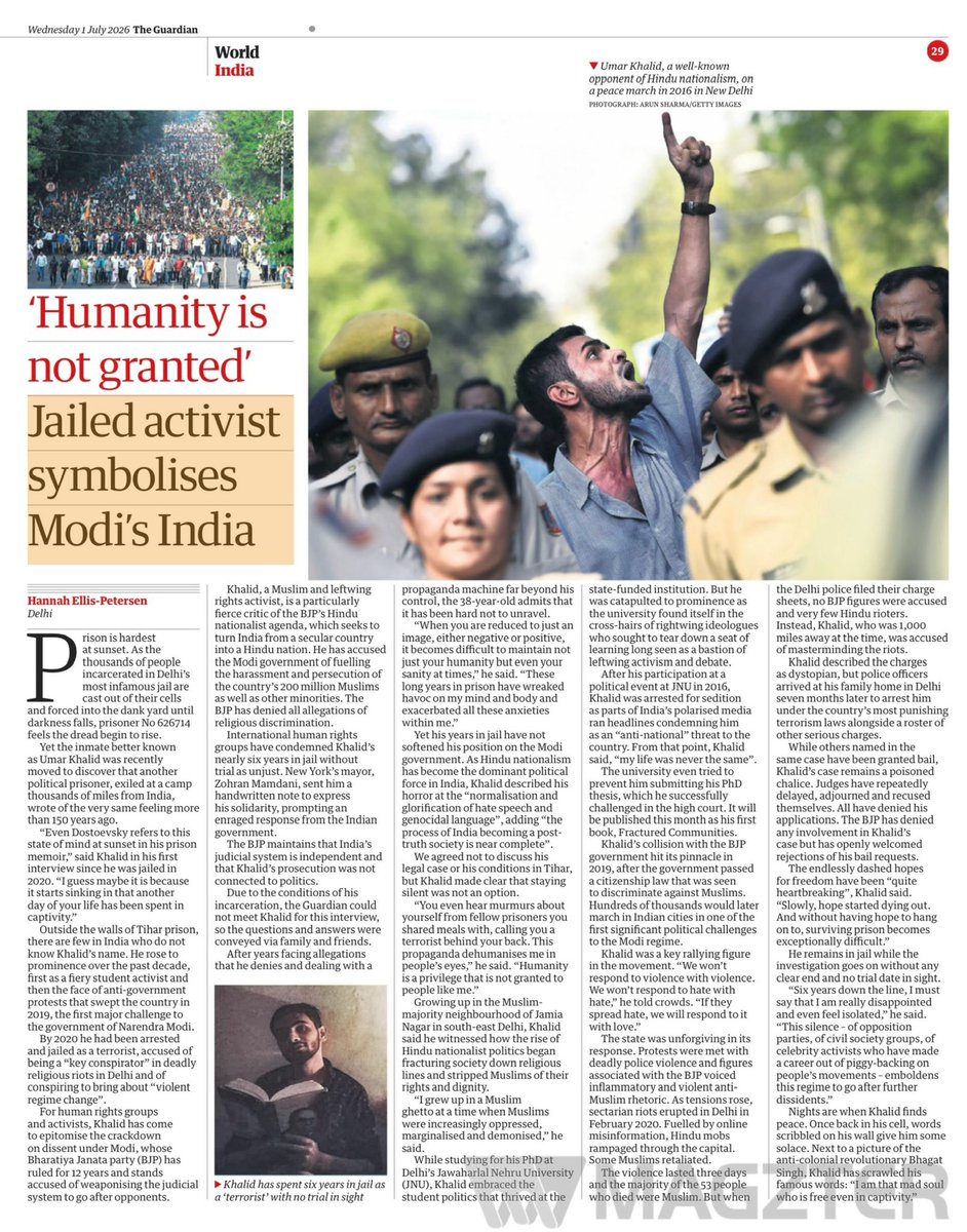 churumuri's tweet photo. 👊🏼"Jailed activist symbolises Modi's India"

Full-page @guardian interview with prisoner no. 626714 at Tihar jail---Umar Khalid, PhD---who, even in his unimaginable strife, can quote Fyodor Dostoevsky and Bhagat Singh, to shame his illiterate captors. @HannahEP https://t.co/EPmRd7ij07