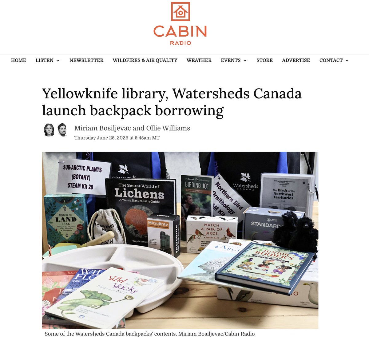 WatershedsCAN's tweet photo. Thank you to @CabinRadio for having us on air to talk about the new Nature Discovery Backpack program launching in Yellowknife, NWT! We are so excited for families to use these new backpacks and books to explore their local nature this summer and beyond.

If you live in the Yellowknife area and have a library card, be sure to borrow one of six new backpacks: freshwater, plants, animals, birds, rocks, or astronomy.