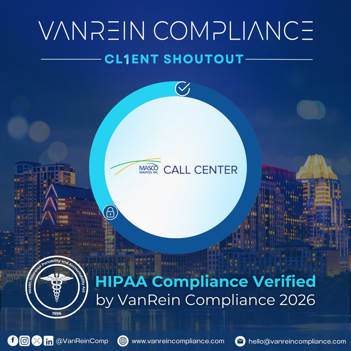 VanReinComp's tweet photo. @MSICallCenter has verified their #HIPAACompliance2026, audited by VRC! Congrats to this award-winning call center serving Harvard teaching hospitals and beyond since 1973! 🎉 #DataSecurity #HealthcareCommunication https://t.co/X98MJ8dPGZ