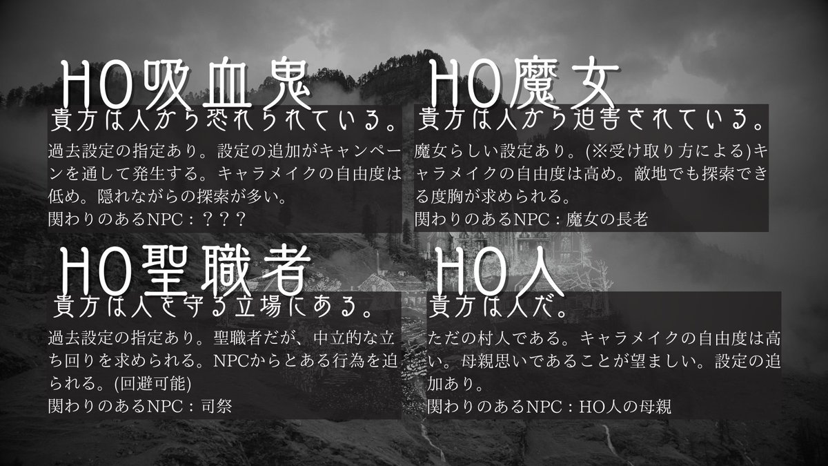 al_trpg_cat's tweet photo. #月初めだし自作シナリオ宣伝する
CoC 7th・6th
「セイレムの魔法」

❑4PL HO制
❖ 吸血鬼 × 魔女 × 聖職者 × 人 ❖
❑事前個別情報あり
❑個別探索メイン
❑クラシック寄り

舞台は近世ヨーロッパのとある村。突如始まった魔女裁判に探索者たちは出くわしてしまう──

【https://t.co/lWzqkbtRi6】 https://t.co/AGVQBXh2bM