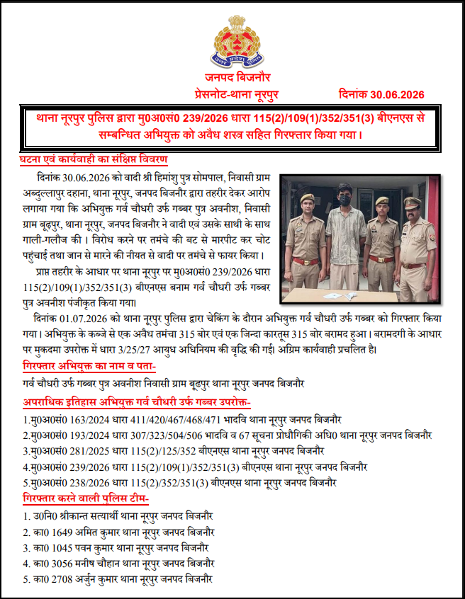 bijnorpolice's tweet photo. #BijnorPolice
थाना नूरपुर पुलिस द्वारा मु0अ0सं0 239/2026 धारा 115(2)/109(1)/352/351(3) बीएनएस से सम्बन्धित अभियुक्त को अवैध शस्त्र सहित गिरफ्तार किया गया।
#UPPolice https://t.co/1MejzZEv5v
