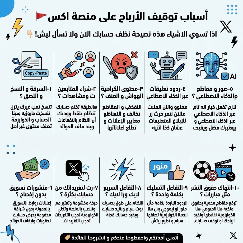 adnan__x's tweet photo. أسباب توقيف الأرباح على منصة اكس🚩
اذا تسوي الاشياء هذه نصيحة نظف حسابك الان ولا تسأل ليش! 👇🏻

10اسباب تعطب حسابك وتطير ارباحك: 

١-السرقة و النسخ و اللصق ؟ 
ج/تنسخ تعب غيرك ينزل ريتش الحساب و الخوارزمية تصنفك محتوى غير أصل. 

٢-شراء المتابعين و لايكات رت ومشاهدات من المواقع ؟ 
ج/هالطريقة تكتم حسابك ويجيك شادو لان النظام يلقط الحسابات و التفاعلات الوهمية ويبند ملف العوائد فوراً. 

٣-محتوى الكراهية و الهواش و العنف ؟ 
ج/السب و القذف و المقاطع القوية تخالف معايير الإعلانات و الشركات ترفض تطلع اعلاناتها على تغريداتك وهنا يلغون الربح من حسابك. 

٤-ردود تعليقات مولدة عبر الذكاء الاصطناعي ؟
ج/ممنوع و الان المنصة حطت زر للإبلاغ عليها في التعليقات عشان كذا انتبه تستخدمها وتخرب حسابك. 
 
٥-صور و مقاطع مولدة بالذكاء الاصطناعي و بدون ماتفصح انهأء من الذكا ؟
ج/ لازم تفعل خيار انه تم التوليد عبر الذكاء الاصطناعي قبل النشر والإ النظام بيعتبرك مضلل ويقيد ملف الأرباح عندك. 

٦-منشورات تسويق بدون ماتفصح أنها شراكة مدفوعة ؟ 
ج/إعلانات روابط التسويق بالعمولة بدون تفعيل خيار شراكة مدفوعة يعرض حسابك لعقوبات وايقاف العوائد. 

٧-رت لتغريداتك من حسابك بكثره وخصوصاً وقت نشر تغريدتك ؟ 
ج/حركة مكشوفة وتعتبر سبام سبام و تلاعب بالمنصة وتخلي الخوارزمية تحجب التغريدات وتخفيها عن الناس . 

٨-التفاعل السريع لايك ورا لايك كومنت ورا كومنت تفاعل سريع بنفس الدقيقة ؟ 
ج/هنا النظام على طول يحسبك بوت سبام ويقيد حسابك فجأة. 

٩- التفاعل التسليك بكلمة واحدة بالردود؟ 
ج/الردود الباردة بكلمة مثل منور او ايموجي بس هنا الخوارزمية تصنفها سبام وماتحسب عليها ارباح وتطيح ريتش حسابك. 

١٠-انتهاك حقوق النشؤ مثل مباريات او مسلسلات ؟ 
ج/ ترفع مقاطع محمية بحقوق ملكية هنا الخوارزمية تقفطها علطول وتقيد ارباحك او توقف حسابك. 

أتمنى أفدتكم واحفظوها عندكم و انشروها للفائدة🔖