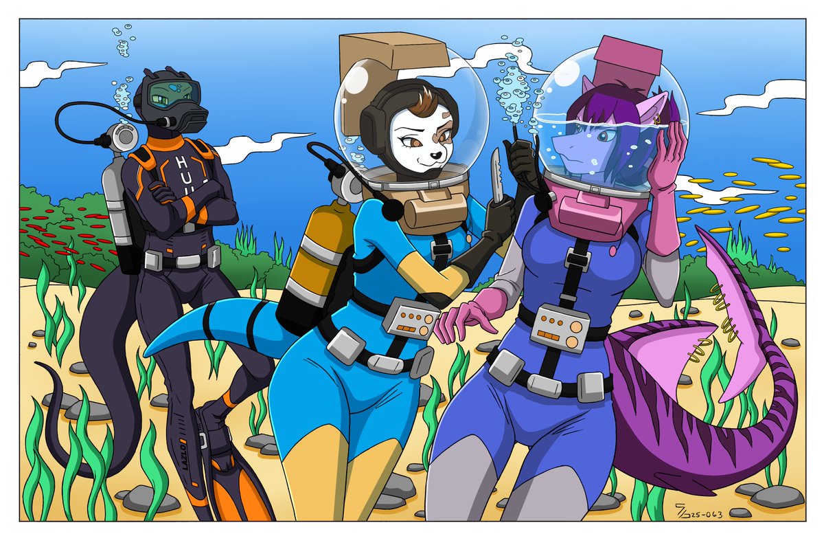 Lazlo74Lizer's tweet photo. Mischievous doggo Vasird gives a perilous surprise to Moya, the pink shark's LAMA helmet getting filled with water as Laz watches to ensure these divers don't get in trouble~

Scuba commission from Shoxxe, colors by The-Sakura-Samurai (DA)

Ft myself, @tdave386 and moyakins~ https://t.co/rOkrKYaeFB