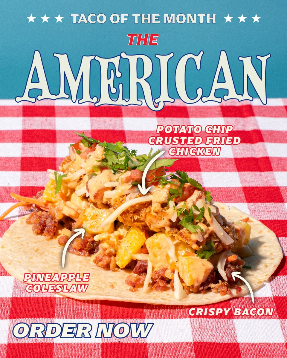 torchystacos's tweet photo. Just in time for America's 250th. 🇺🇸 

The American is BACK for July! Potato chip crusted chicken, pineapple coleslaw, applewood smoked bacon, house-made chipotle sauce &amp; more. https://t.co/qdGOYs8qqn