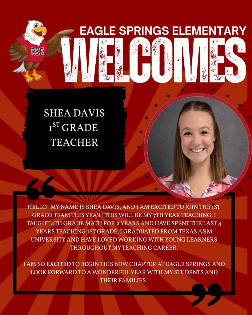 HumbleISD_ESE's tweet photo. 🦅 Our nest just got a little stronger! ❤️🖤

Please join us in welcoming our newest staff members to Eagle Springs Elementary! https://t.co/C5Hn9uLaT2