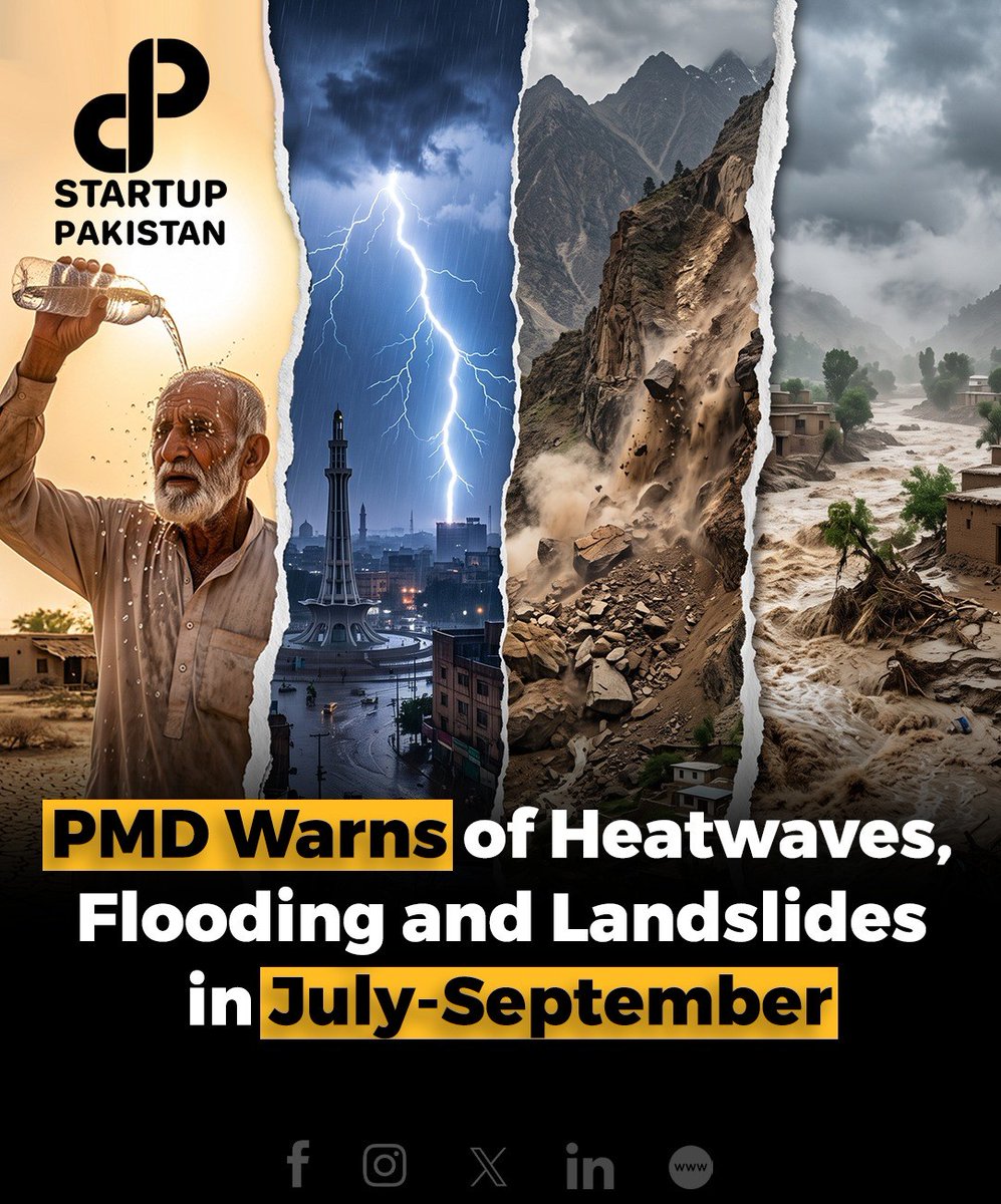 PakStartup's tweet photo. The Pakistan Meteorological Department (PMD) has forecast above-normal temperatures across much of the country from July to September, warning of a challenging monsoon season.

Higher temperatures, combined with heavy rainfall in northern regions, could increase the risk of flash floods, landslides, glacier melt, and urban flooding. Southern Punjab and Sindh may also experience periodic heatwaves, while prolonged warm and humid conditions could contribute to the spread of mosquito-borne diseases such as dengue.

The PMD has advised the public to stay hydrated, avoid unnecessary outdoor activities during peak heat, and remain alert for weather updates throughout the season.

Disclaimer: This content is informational purposes only and based on available reports. Image is AI generated and just for reference

#PMD #PakistanWeather #Monsoon #Heatwave #FloodAlert #Climate #Pakistan #Dengue #GlacierMelt #BreakingNews
