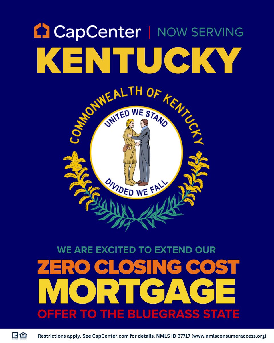 CapCenterLLC's tweet photo. CapCenter is proud to announce we now offer our ZERO Closing Cost Mortgage loans in Kentucky!  Spread the word! 🏘️ https://t.co/5QolzJWNS9