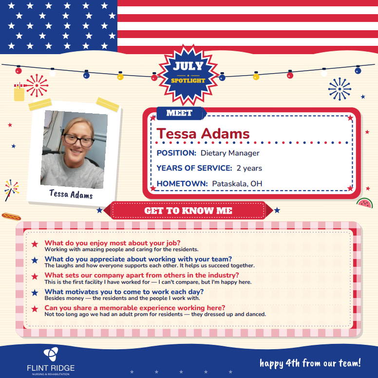 RidgeFlint's tweet photo. We're proud to shine the spotlight on Tessa Adams, our dedicated Dietary Manager! 🎉

Thank you, Tessa, for your hard work, dedication, and the care you provide every day. We are grateful to have you as part of our team! ❤️🤍💙👏 https://t.co/weCy4zh8RK