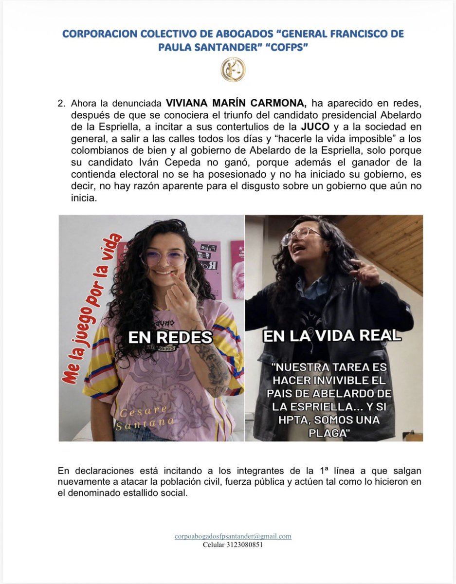 SARGENTOCHALA's tweet photo. Ayer por la noche recibí un mensaje en el que una persona, solicitando total reserva por su seguridad, me informó que debía cuidarme, ya que desde un grupo de “abelardistas” se estaría adelantando en mi contra una denuncia colectiva mediante una corporación de abogados denominada Corporación Colectivo de Abogados “General de Paula Santander” (COFPS).

Según lo manifestado en dicha denuncia, se solicita que se me investigue por delitos como:

1. Concierto para delinquir.  
2. Terrorismo y financiación de actividades terroristas.  
3. Delitos contra la administración pública y otros delitos contra la seguridad pública, incluyendo amenazas colectivas y sabotaje.

Además, señalan que para obtener mi ubicación se requerirían mis datos a la Dirección de Recursos Humanos del @COL_EJERCITO, como si yo me estuviera “escondiedo”.
 
A continuación, hago pública la denuncia en mi contra y un video con la voz de la persona que estaría detrás.