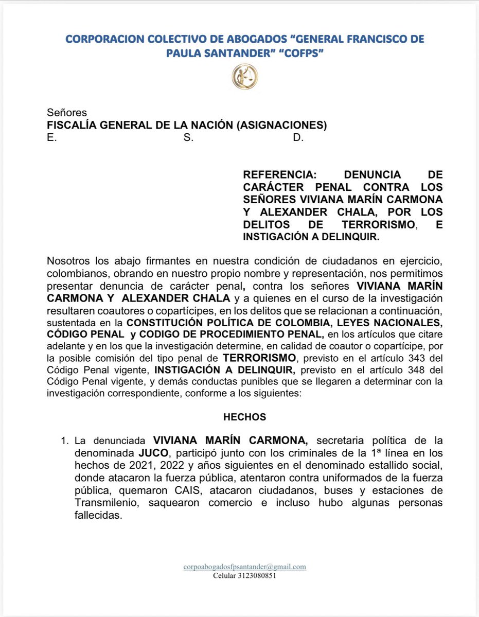 SARGENTOCHALA's tweet photo. Ayer por la noche recibí un mensaje en el que una persona, solicitando total reserva por su seguridad, me informó que debía cuidarme, ya que desde un grupo de “abelardistas” se estaría adelantando en mi contra una denuncia colectiva mediante una corporación de abogados denominada Corporación Colectivo de Abogados “General de Paula Santander” (COFPS).

Según lo manifestado en dicha denuncia, se solicita que se me investigue por delitos como:

1. Concierto para delinquir.  
2. Terrorismo y financiación de actividades terroristas.  
3. Delitos contra la administración pública y otros delitos contra la seguridad pública, incluyendo amenazas colectivas y sabotaje.

Además, señalan que para obtener mi ubicación se requerirían mis datos a la Dirección de Recursos Humanos del @COL_EJERCITO, como si yo me estuviera “escondiedo”.
 
A continuación, hago pública la denuncia en mi contra y un video con la voz de la persona que estaría detrás.