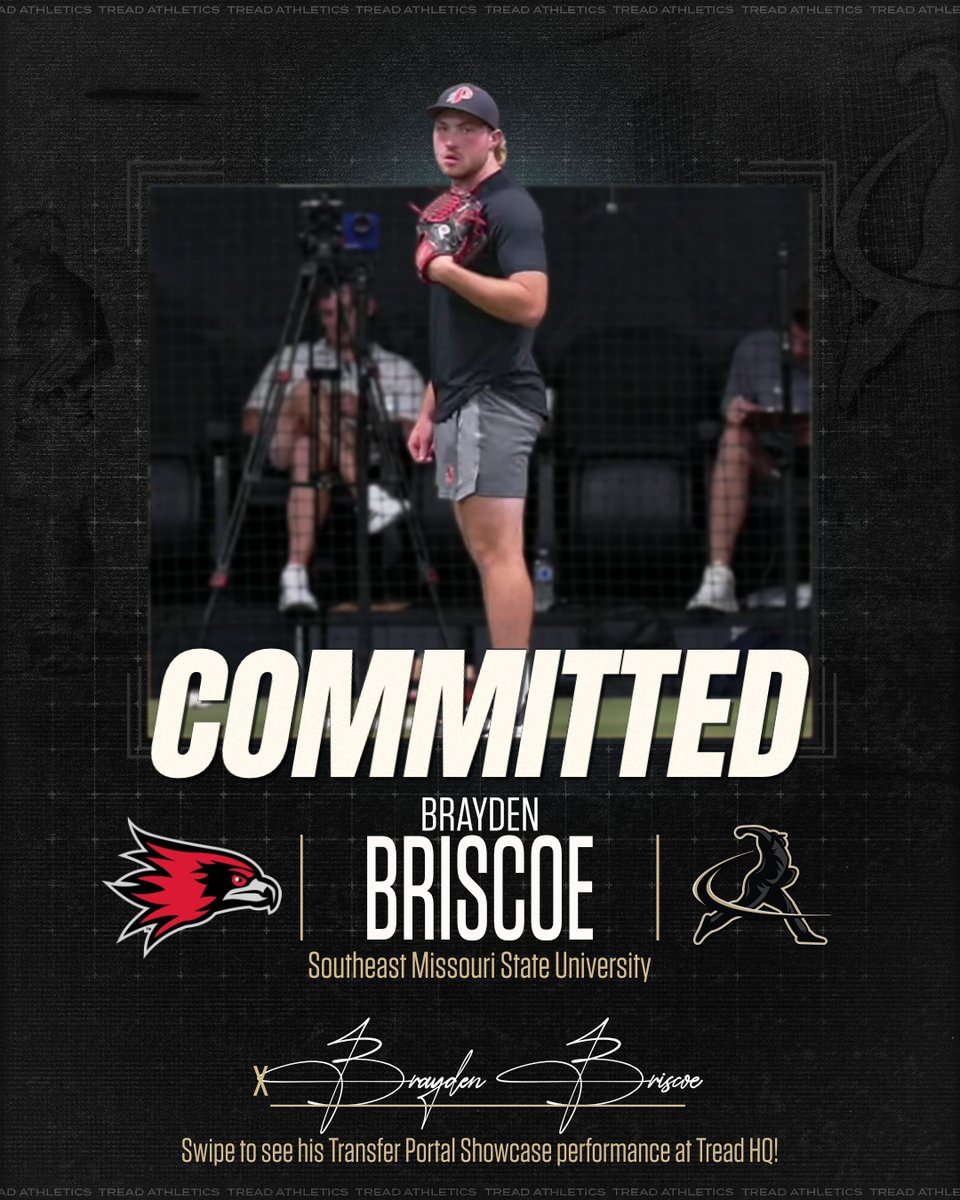 TreadHQ's tweet photo. Congrats to @BriscoeBrayden on committing to @SEMObaseball out of the Transfer Portal Showcase! ✍️⁠
⁠
Brayden's TPS was highlighted by his outlier death ball, which he averaged 81.6 mph (T82.3) at −5.5" IVB and −1.2" HB on. Good for one of the most unique offspeed offerings of the event. 💀⁠
⁠
He threw 106.0 innings of 3.31 ERA ball across 22 appearances for Los Angeles Pierce College (JUCO). 📈⁠

Coach: @tgoodyrich
⁠
#TreadFam