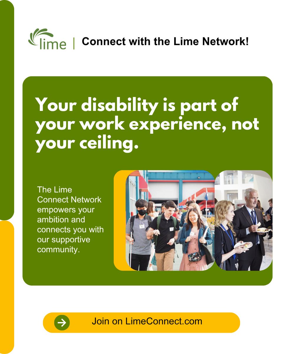 limeconnect's tweet photo. Disabled professionals bring skill and lived experience into every workplace they enter. The Lime Network exists to help you connect with career support and opportunities without treating disability as a barrier to ambition.

Create your profile at https://t.co/FI6YRpIflh. https://t.co/vrHlu4ftWH