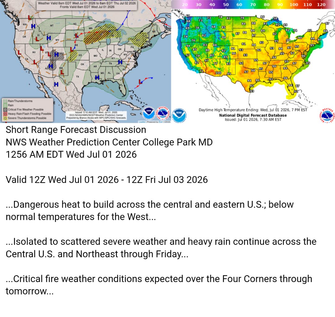 Copacetic_vibe's tweet photo. Here's today's forecast map and today's high temperature map. Check out the NWS site for more National Forecast Maps https://t.co/KwYZiRKQ8f
#weather #wx #Forecast #precipitation #Temperature https://t.co/EywcUyDjoS