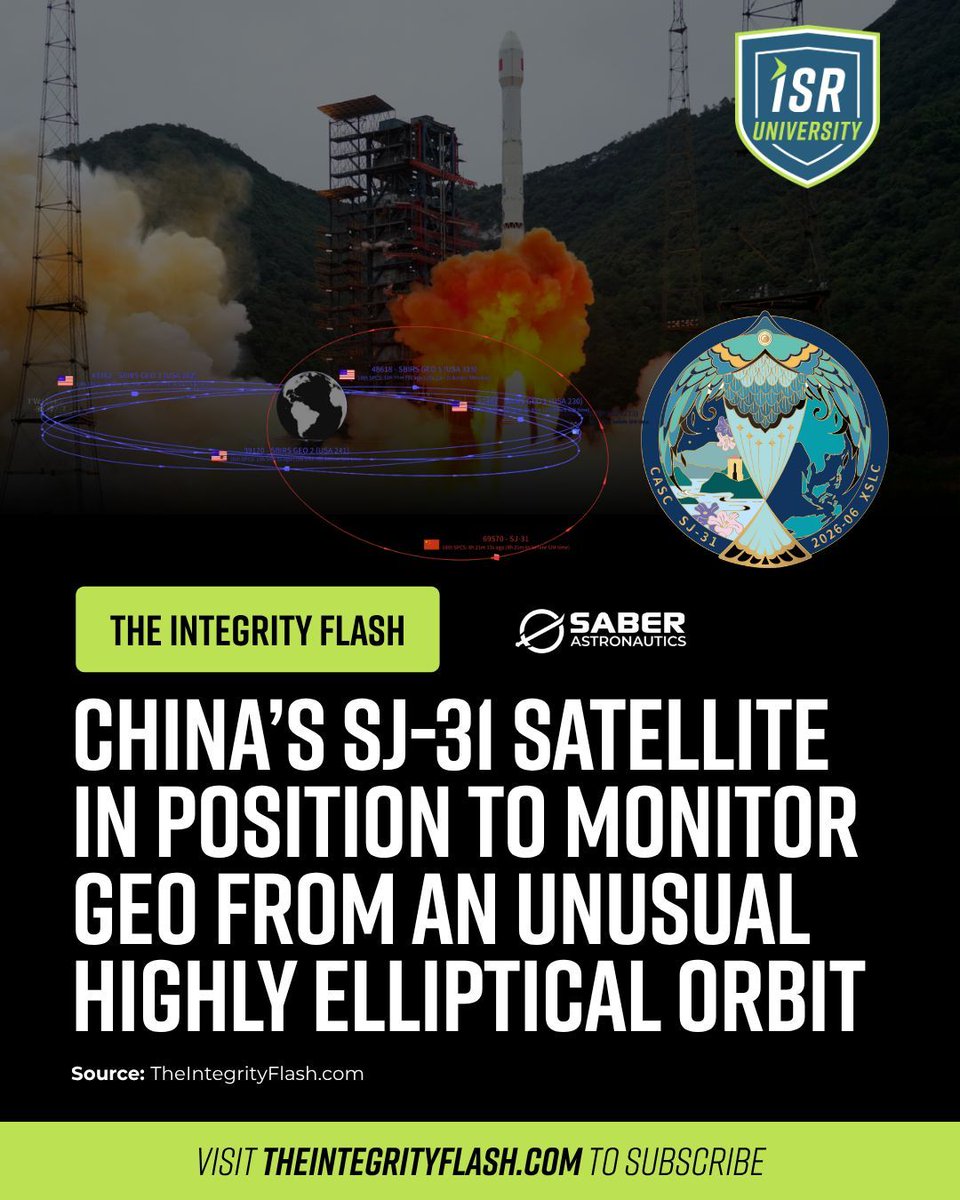 IntegrityISR's tweet photo. China's newest satellite, SJ-31, has entered an unconventional highly elliptical orbit unlike the country's previous Molniya-style spacecraft.

Read more here: https://t.co/gPMjsX2dgB https://t.co/thvqey8jAN