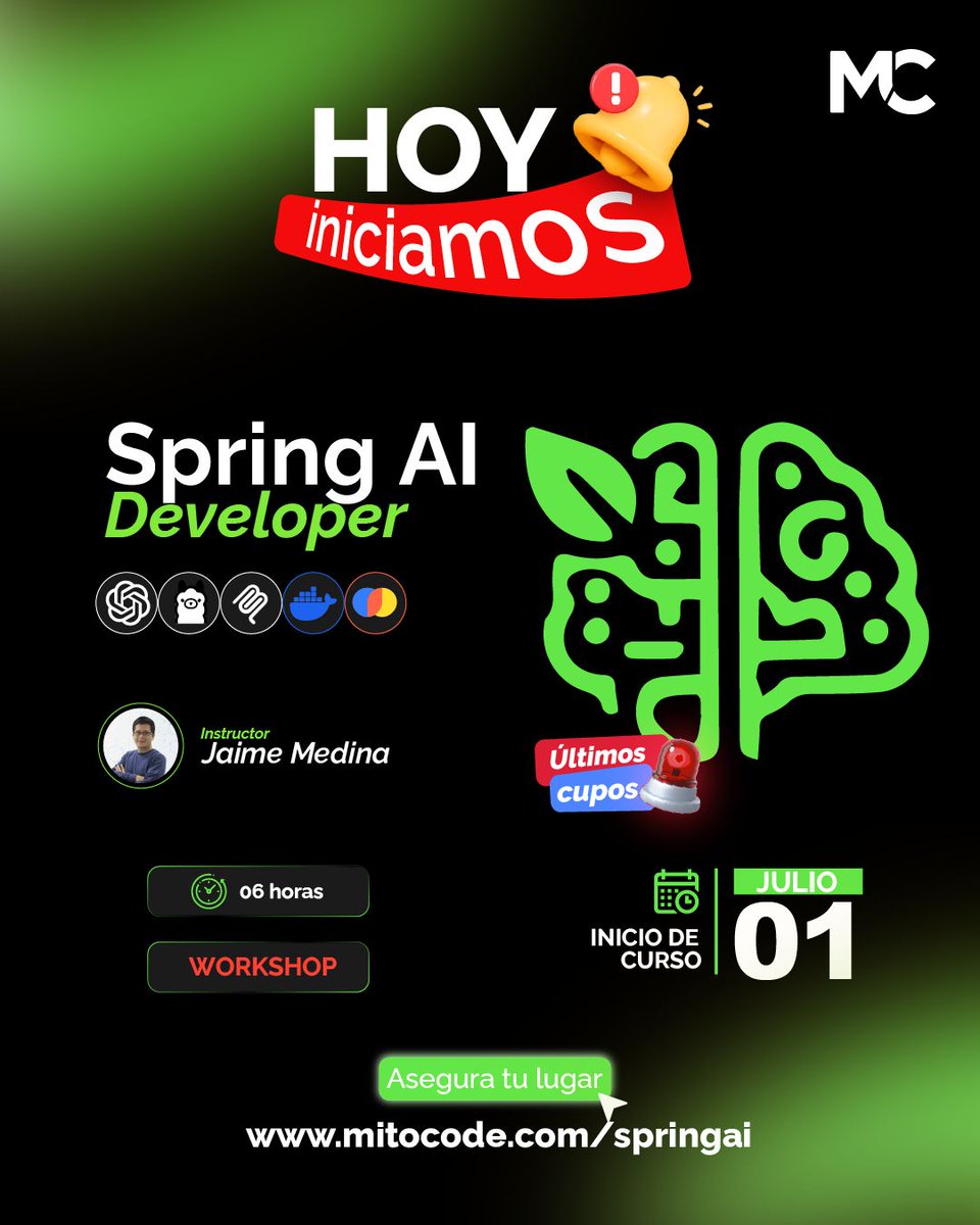 mitocode's tweet photo. 🚨 HOY INICIAMOS 🚨
¡Hey, coder! 🙋🏻♀️🙋🏻♂️. Es momento de dar el siguiente paso y aprender a integrar Inteligencia Artificial en aplicaciones Java con Spring AI. 🤖☕
🚨 ÚLTIMOS CUPOS DISPONIBLES
📲 https://t.co/fQp4msoxlV
#mitocode #springai #java #programacion #cursos https://t.co/4260jFKnZE