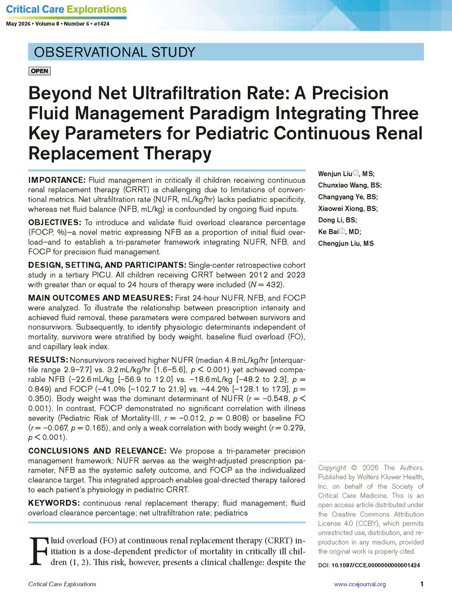 CritCareExplore's tweet photo. π‘ A tri-parameter framework integrating NUFR (prescription), NFB (safety), and FOCP (individualized target) enables goal-directed, physiology-based fluid management in pediatric CRRT.
β
Read the #openaccess research in CCE: https://t.co/iQCK5pStmI
#CritCareExplore #PedsICU https://t.co/QJ6I8ONBam