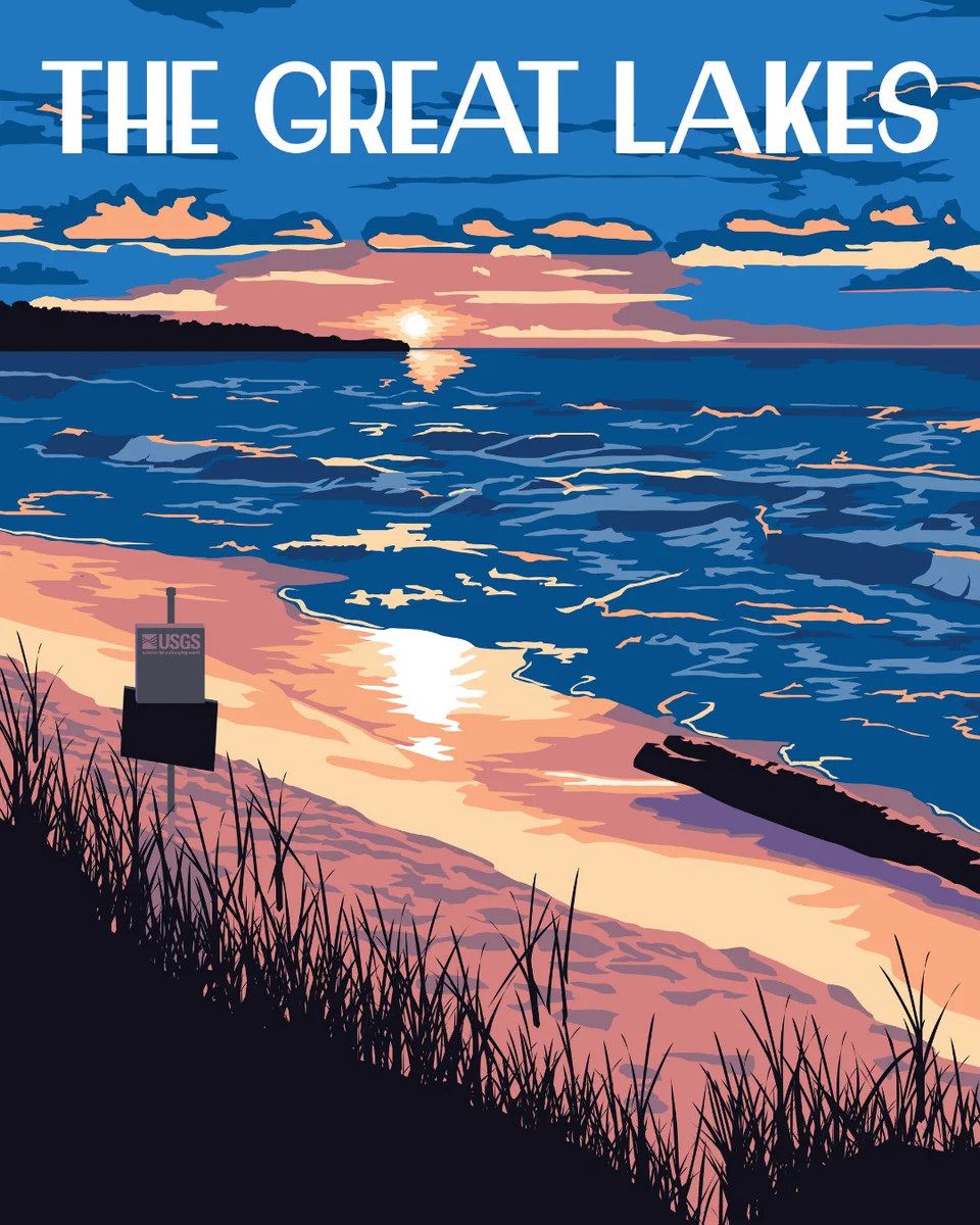 Vintage-style poster of a Great Lake during sunset with a USGS streamgage in the foreground on the shore. Illustration by Althea A. Archer, USGS 