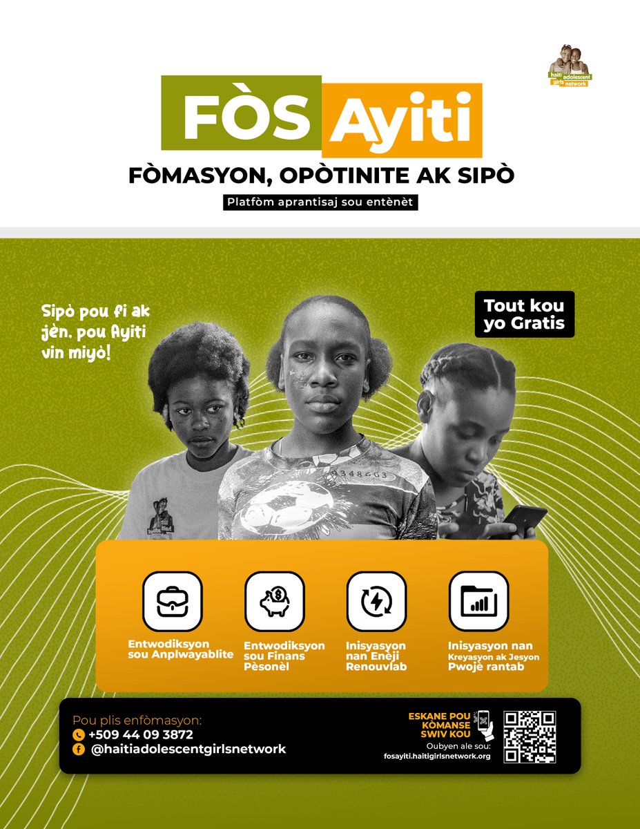 hagnnetwork's tweet photo. La phase pilote de promotion de Fòs Ayiti s'achève avec succès ! Grâce à 7 partenaires, 55 jeunes de 4 départements ont rejoint la plateforme pour suivre des formations en ligne gratuites. L'aventure continue ! Rejoignez-nous : https://t.co/r8qcq5UXlt
#ProjetFLORA #FòsAyiti #HAGN https://t.co/1pUGHObH70