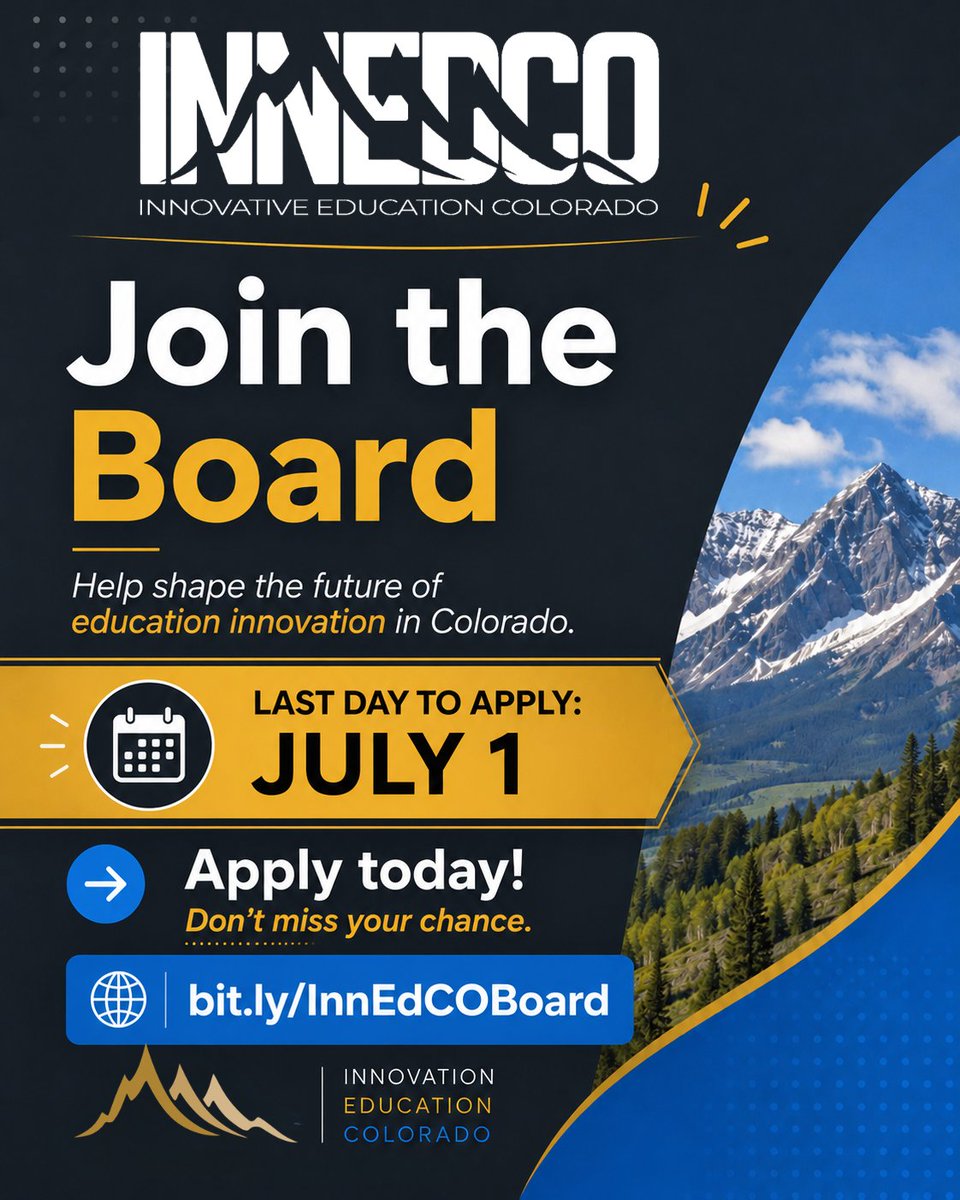 InnEdCO's tweet photo. Today is the last day to apply for the InnEdCO Board! 

Apply TODAY: https://t.co/znOj50oWvz

#InnEdCO #EdTech #ColoradoEducators #TeacherLeadership #K12Innovation https://t.co/eVt7q0oaht
