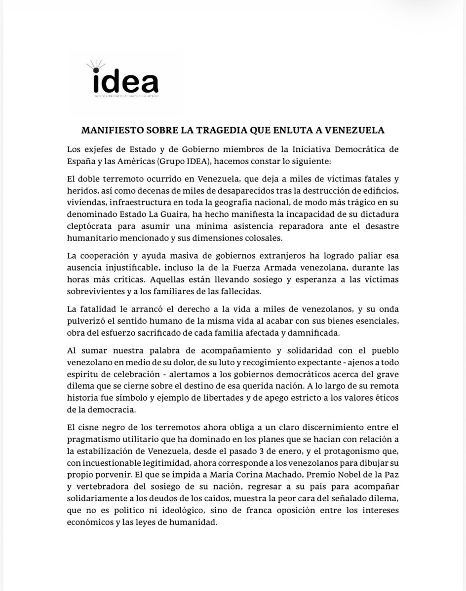 InformeOrwell's tweet photo. ‼️ 🇻🇪 ÚLTIMA HORA | 33 exjefes de Estado del Grupo IDEA se solidarizan con Venezuela y piden que María Corina Machado, Premio Nobel de la Paz, pueda regresar al país. https://t.co/mFJlMSgI4b