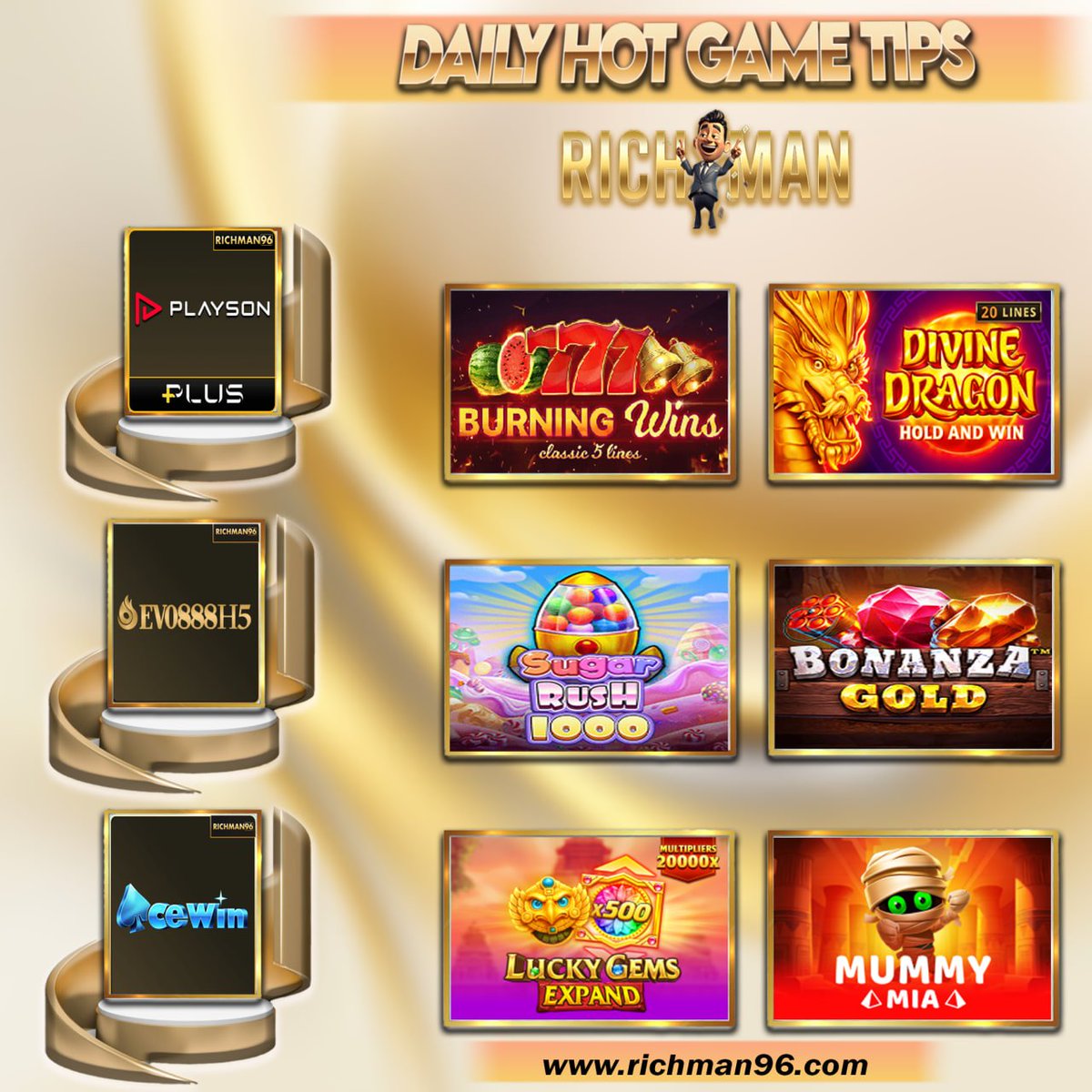 richman6663's tweet photo. 🔥🎰Hot Tips Game For Wallet 🎰🔥

🔥PLATFORM : PLAYSON PLUS🔥
 🔝GAME: BURNING WINS💸
 🔝GAME: DIVINE DRAGON💸

🔥PLATFORM: EVO888H5 🔥
🔝 GAME : SUGAR RUSH 1000L 💸
🔝 GAME:  BONANZA GOLD 💸

🔥PLATFORM: ACE WIN 🔥
🔝 GAME : LUCKY GEMS EXPAND  💸
🔝 GAME: MUMMY MIA💸 https://t.co/STsztCI8nS