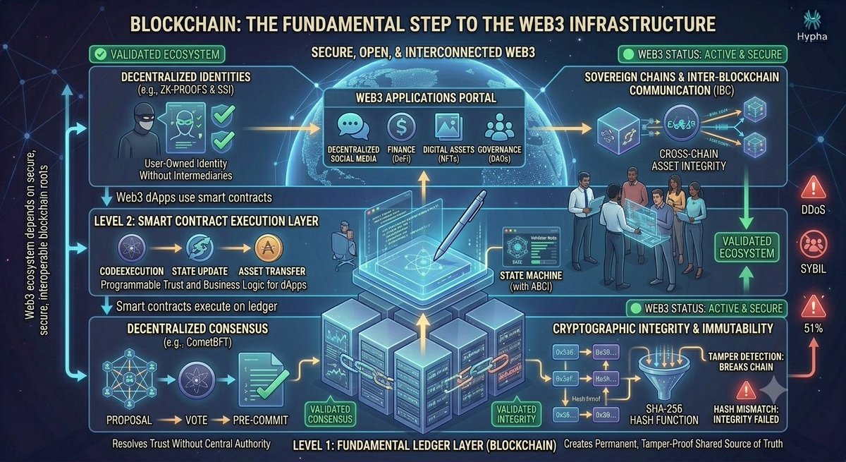 EazeValidator's tweet photo. In the transition to Web3, blockchain serves as the fundamental execution layer that shifts the internet from a centralized infrastructure controlled by isolated tech conglomerates to an open, trustless web owned by its participants.  Web3 integrates public ledger architecture. https://t.co/SLBLe1OZVs