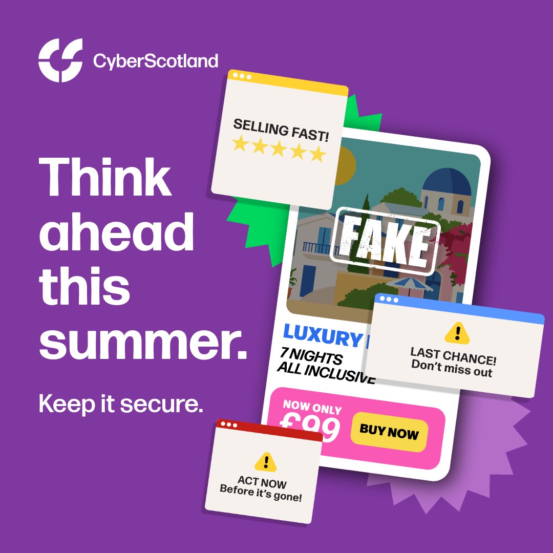 CyberResScot's tweet photo. Summer is here, and so are the cyber criminals. ☀️

Over the coming weeks, we'll be sharing practical advice on the most common summer rip-offs.

Think ahead this summer. #KeepItSecure https://t.co/QsxQ5traLM