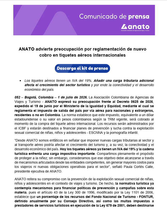 larepublica_co's tweet photo. #Atento | La Asociación Colombiana de Agencias de Viajes y Turismo, Anato, expresó su preocupación frente al decreto expedido por el Ministerio de la Igualdad y Equidad, mediante el cual se reglamenta el impuesto de salida del país por vía aérea para nacionales y extranjeros https://t.co/K4aUmhB9bS