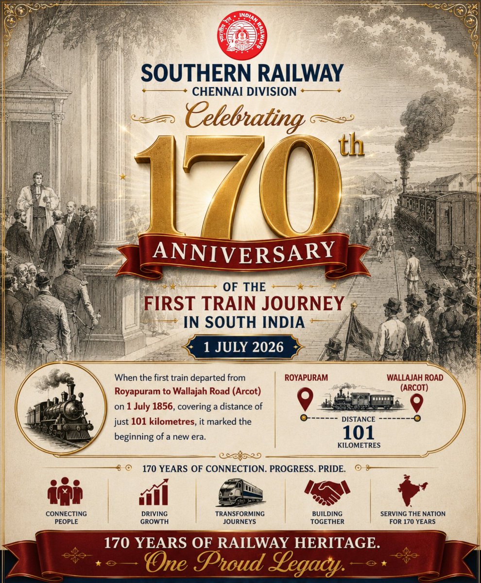 DrmChennai's tweet photo. 🚆 Celebrating 170 Years of the First Train Journey in South India! 🎉

From Royapuram to Walajah Road (Arcot) on 1st July 1856, the first train journey in South India ushered in a new era of connectivity 🤝 and progress. 🌟

As we mark this historic milestone on 1st July 2026, Southern Railway proudly celebrates 170 years of service, heritage 🏛️, and unwavering commitment to the nation. 🇮🇳

🚉 Honouring the past. Connecting the future.✨

#SouthernRailway #170YearsofRailways #RailwayHeritage #IndianRailways #ChennaiDivision #ConnectingPeople #Royapuram #WalajahRoad #LegacyOfRailway