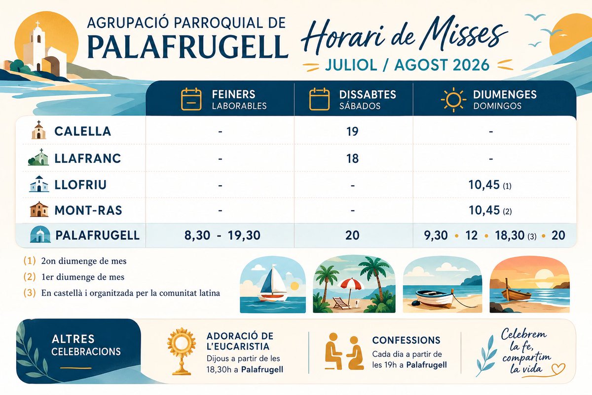 ParroqPala's tweet photo. ℹ️⏰ Amb l'arribada del mes de juliol s'afegeixen noves celebracions a les nostres parròquies i canvien d'hora d'altres 🫨 Estiguem atents! ⏰⤵️ #Palafrugell #Llafranc #CalelladePalafrugell #Llofriu #Montras https://t.co/79Zf0chRtd