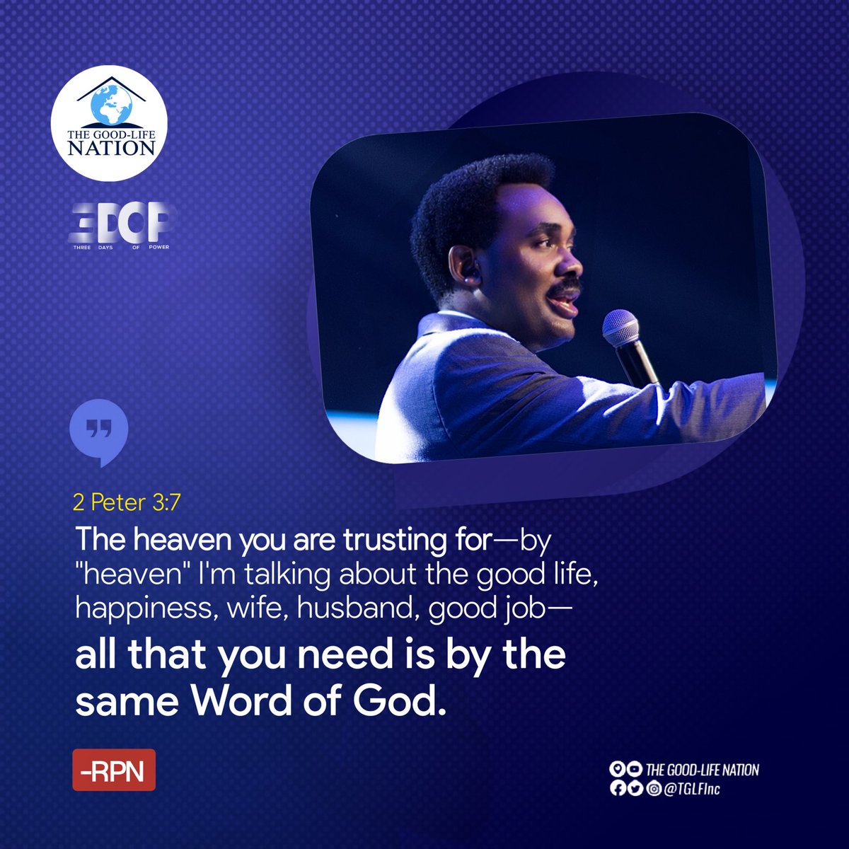 TGLFInc's tweet photo. 2 Peter 3:7
The heaven you are trusting for—by "heaven" I'm talking about the good life, happiness, wife, husband, good job—all that you need is by the same Word of God. -RPN 

#RPN
#APeopleCome https://t.co/dWb0l3LLYe