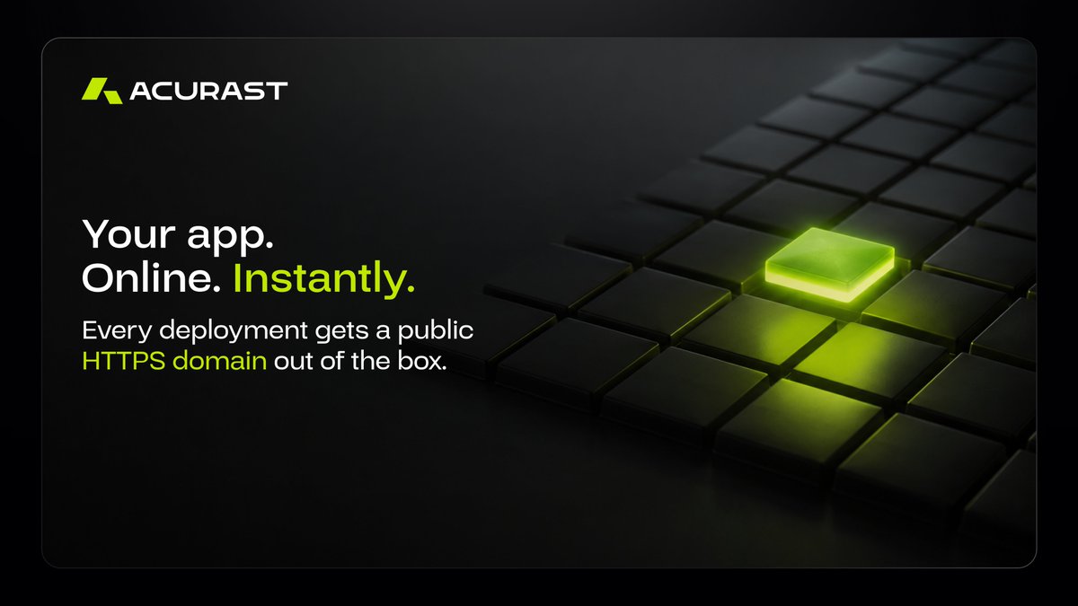 Acurast's tweet photo. Every Acurast deployment now ships with its own public HTTPS domain out of the box: <clientId>.acu.run. 

No custom domain, no config.
Deploy, and your app is live on the internet. https://t.co/JaeztJ9fdm https://t.co/aY7BgmOtIT