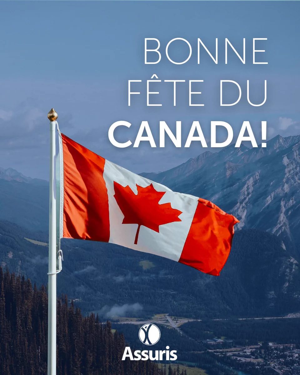 Canadian flag waving against a mountainous backdrop with 'Bonne Fête du Canada!' text above and Assuris logo below.