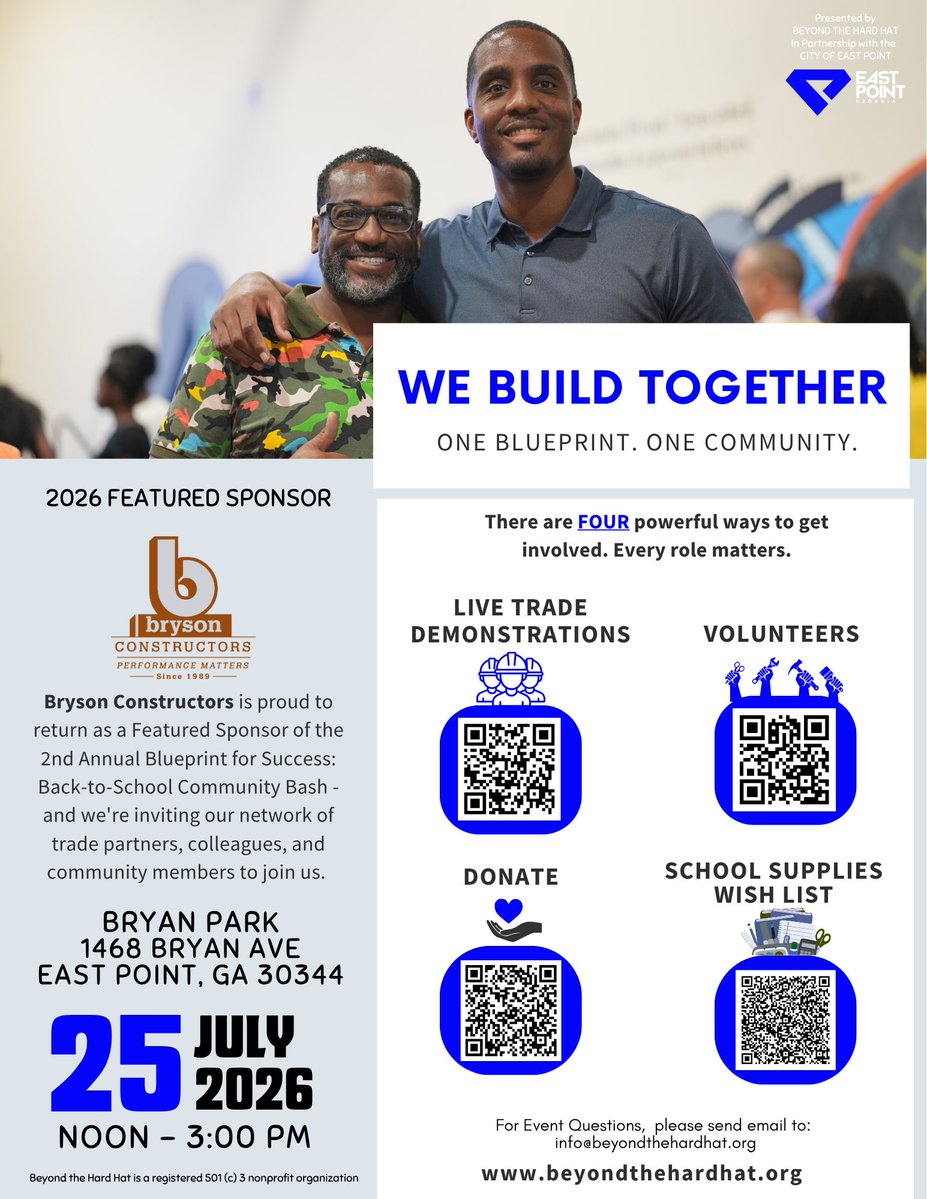 bryson_inc's tweet photo. Proud to sponsor the #BlueprintforSuccess #backtoschool event with @beyondhardhat and the City of East Point. Our young scholars need to see what is possible through #skilledtrades. Help make it happen on July 25. Sign up here: https://t.co/8u04dbw2Rk #brysonconstructors https://t.co/Y6QomzGCeH